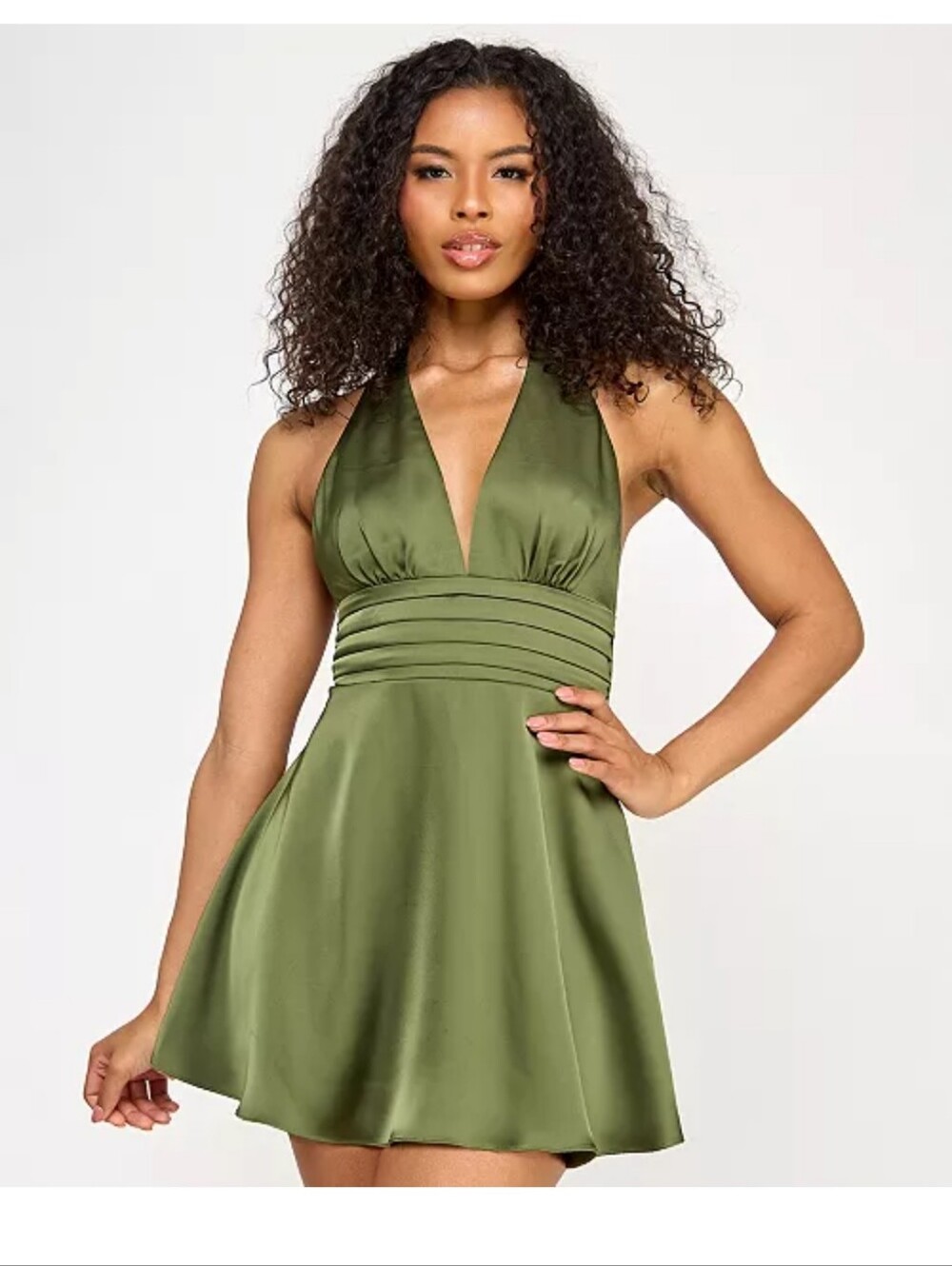 Seni & Cade Olive Green Halter Dress XXL Deep V Neck Satin Formal Cocktail NWT